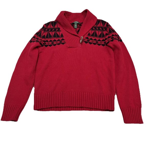 Ralph Lauren Sweater Womens M Red Aztec Southwest Pullover Cowl Neck Preppy - Picture 1 of 9
